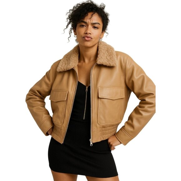 French Connection Size XL Vegan Leather Zipper Waistline  Jacket Sherpa Collar - Picture 1 of 12